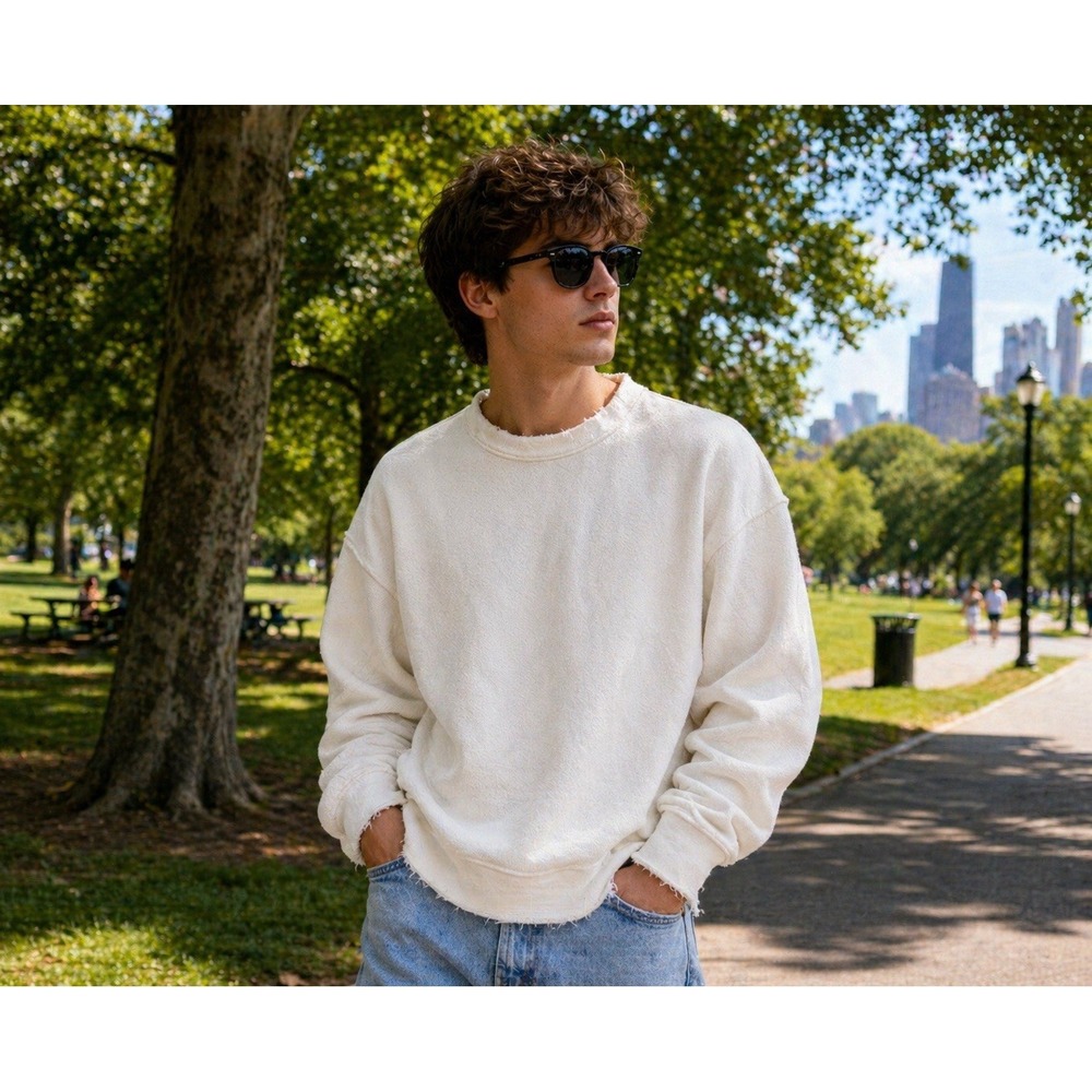 FashionNova Men Off White Distressed Crewneck Sweatshirt Tery Knit 100% Cotton M